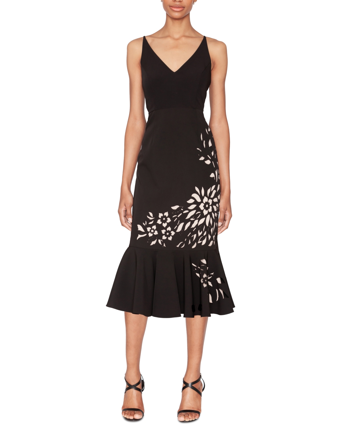 WHITE TIE BY SHANI SHANI WOMEN'S LASER CUT FLOUNCE-HEM MIDI DRESS 