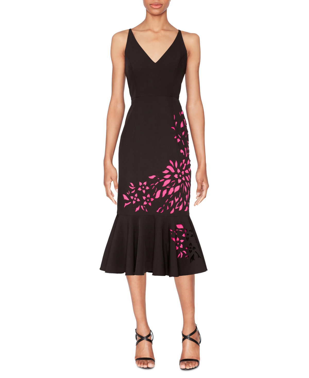 Shani Women's Laser Cut Flounce-Hem Midi Dress - Black/Pink