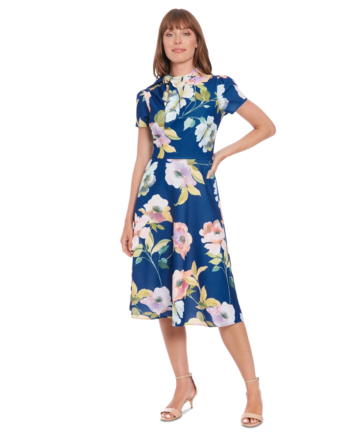 Women's Tie-Neck Short-Sleeve A-Line Dress - Navy/blue