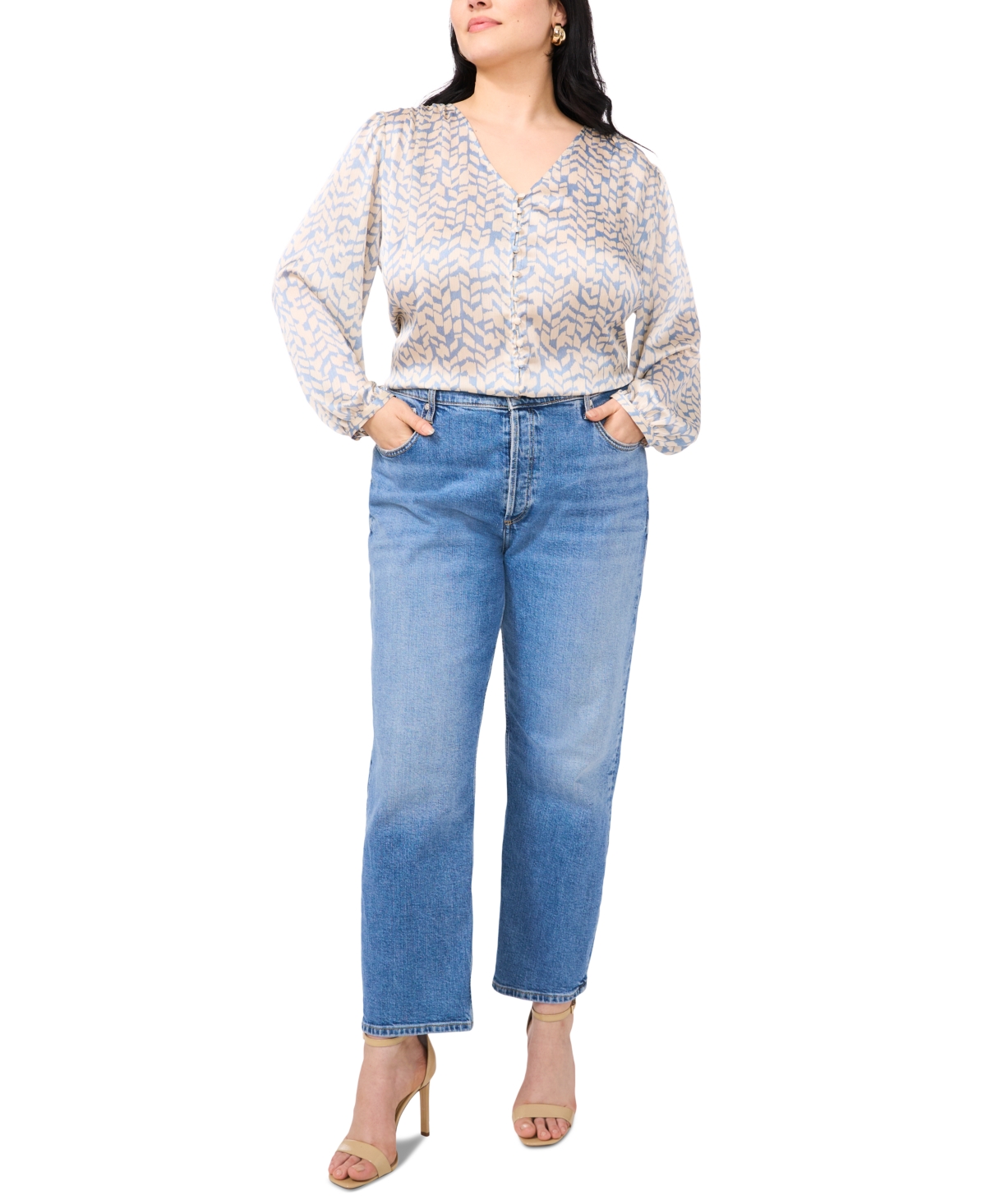 VINCE CAMUTO PLUS SIZE V-NECK SATIN BUTTON-FRONT BLOUSE 