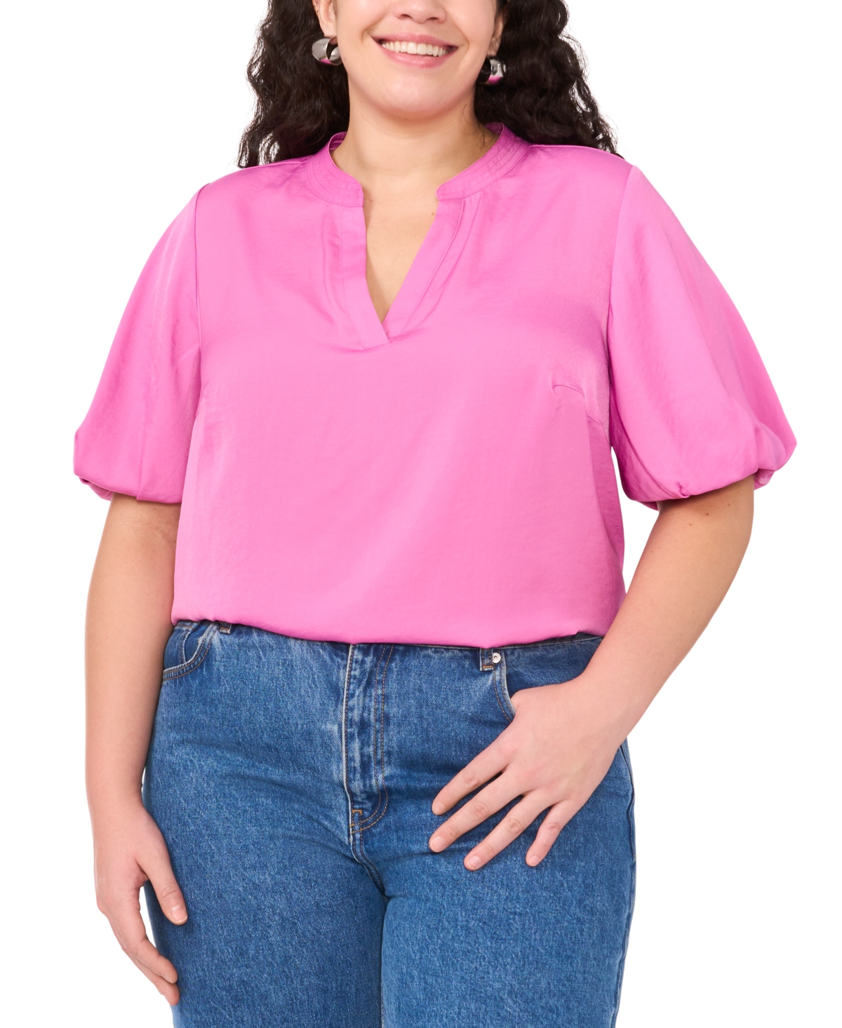 VINCE CAMUTO PLUS SIZE SPLIT-NECK PUFFED-SLEEVE TOP 