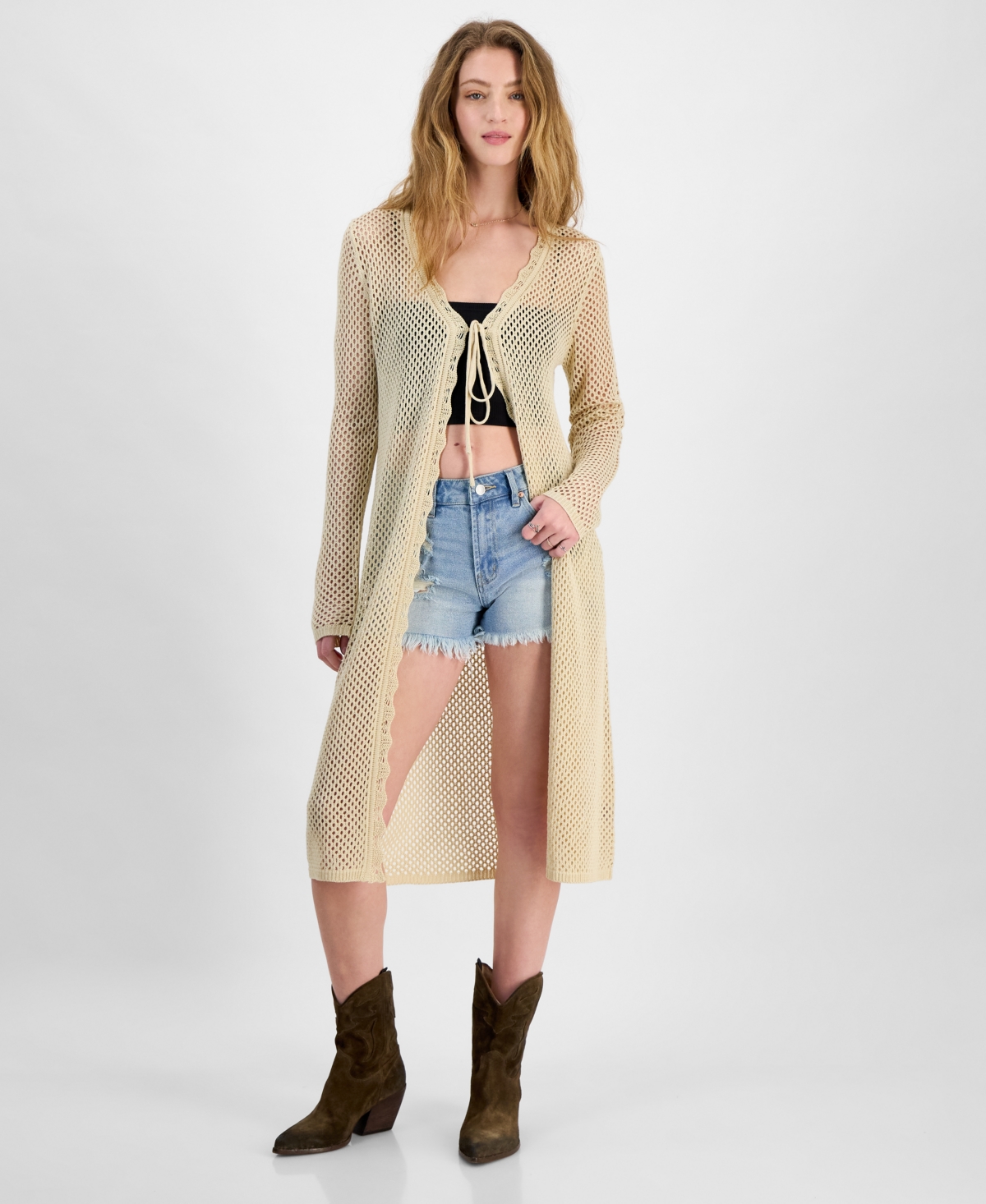 Juniors' Tie-Front Duster Cardigan - White
