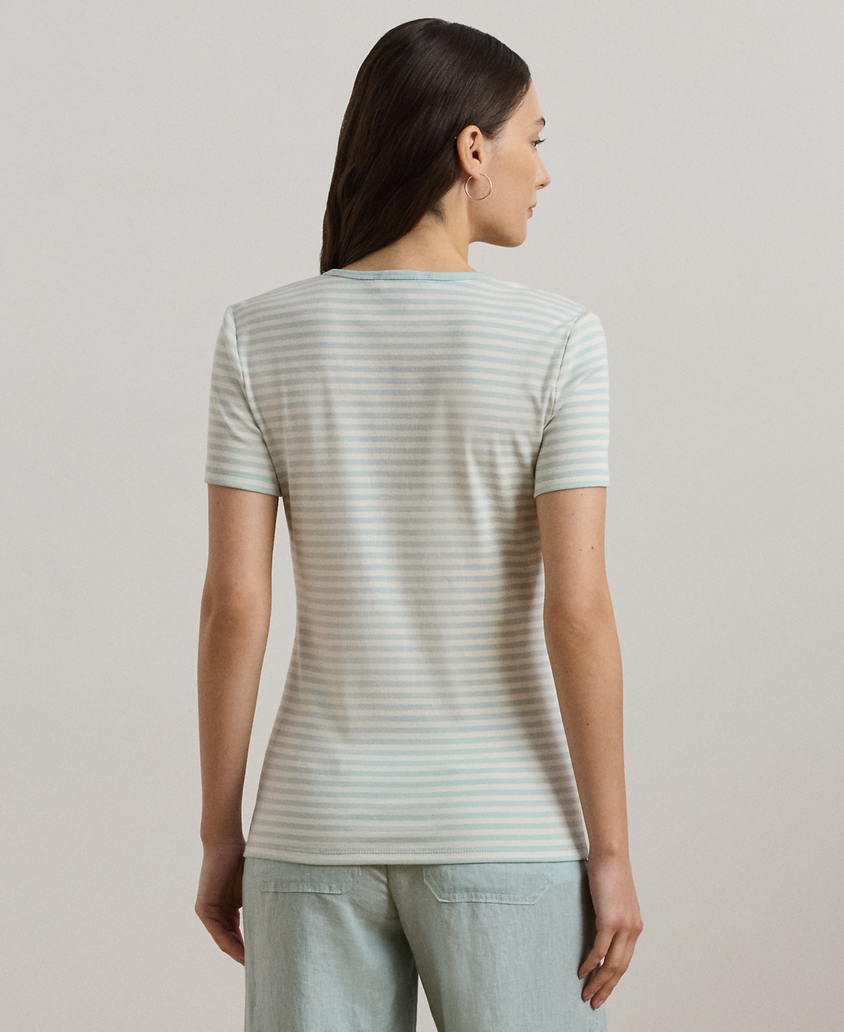 Shop Ralph Lauren Petite Striped Stretch Cotton Crewneck Tee In Aqua Pearl,mascarpone Cream