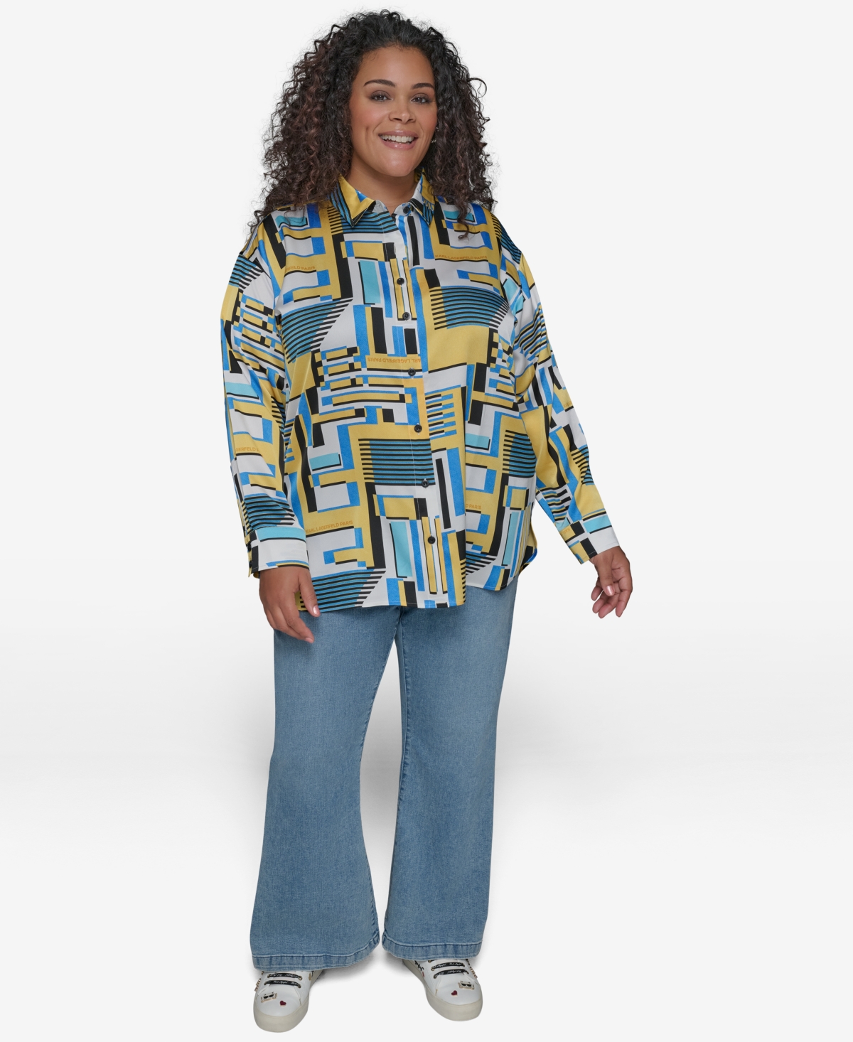 KARL LAGERFELD PLUS SIZE OVERSIZE BUTTON-FRONT UTILITY BLOUSE 