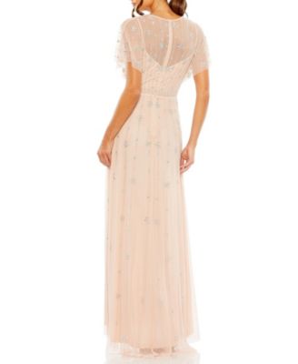 Women's V-Neck Embellished Flutter Sleeve A Line Gown