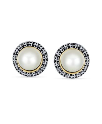 Balinese Button Style Clip-On Earrings in Simulated Pearl and Natural Stones