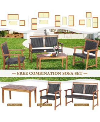 4 Pieces Outdoor Patio Rattan Furniture Sofa Set with Acacia Wood Frame