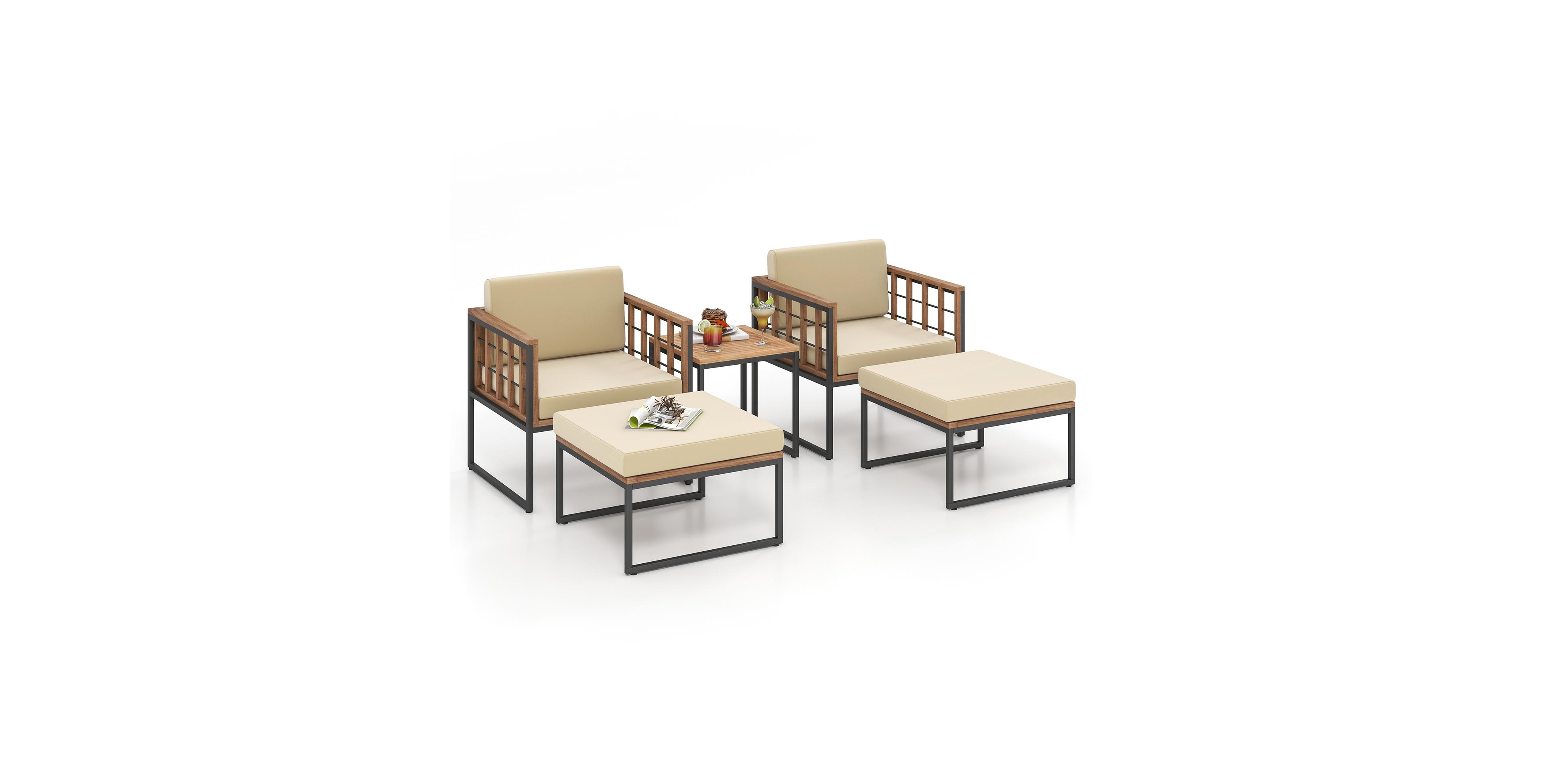 5 Piece Outdoor Furniture Set Acacia Wood Chair Set with Ottomans and Coffee Table