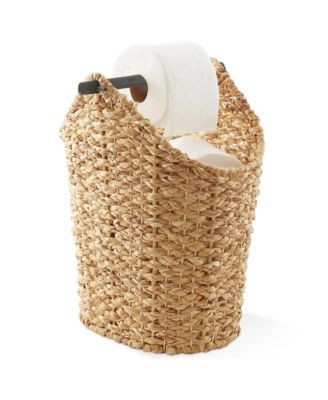 Toilet Paper Roll Holder Storage Basket with Wood Bar - Natural, Woven Water Hyacinth Wicker Bathroom Tissue Storage Organizer