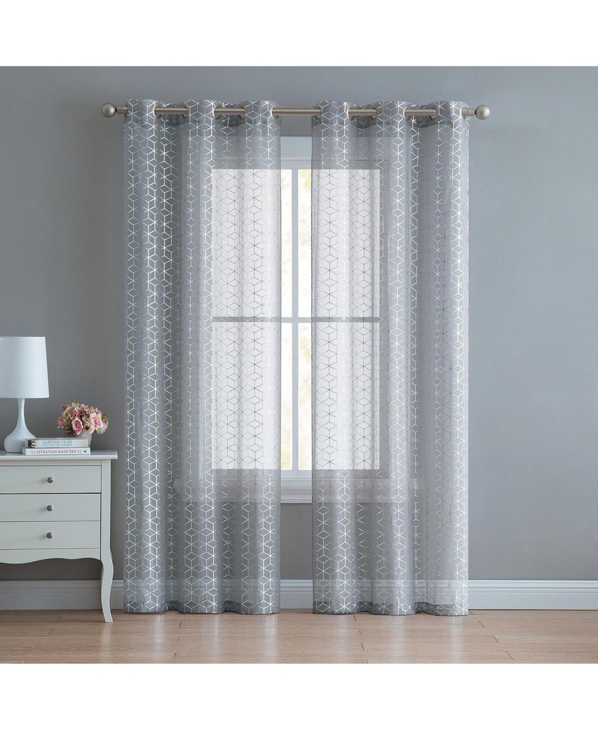 2 Piece Extra Long Metallic Sheer Grommet Top Window Curtain Panels - Taupe/gold