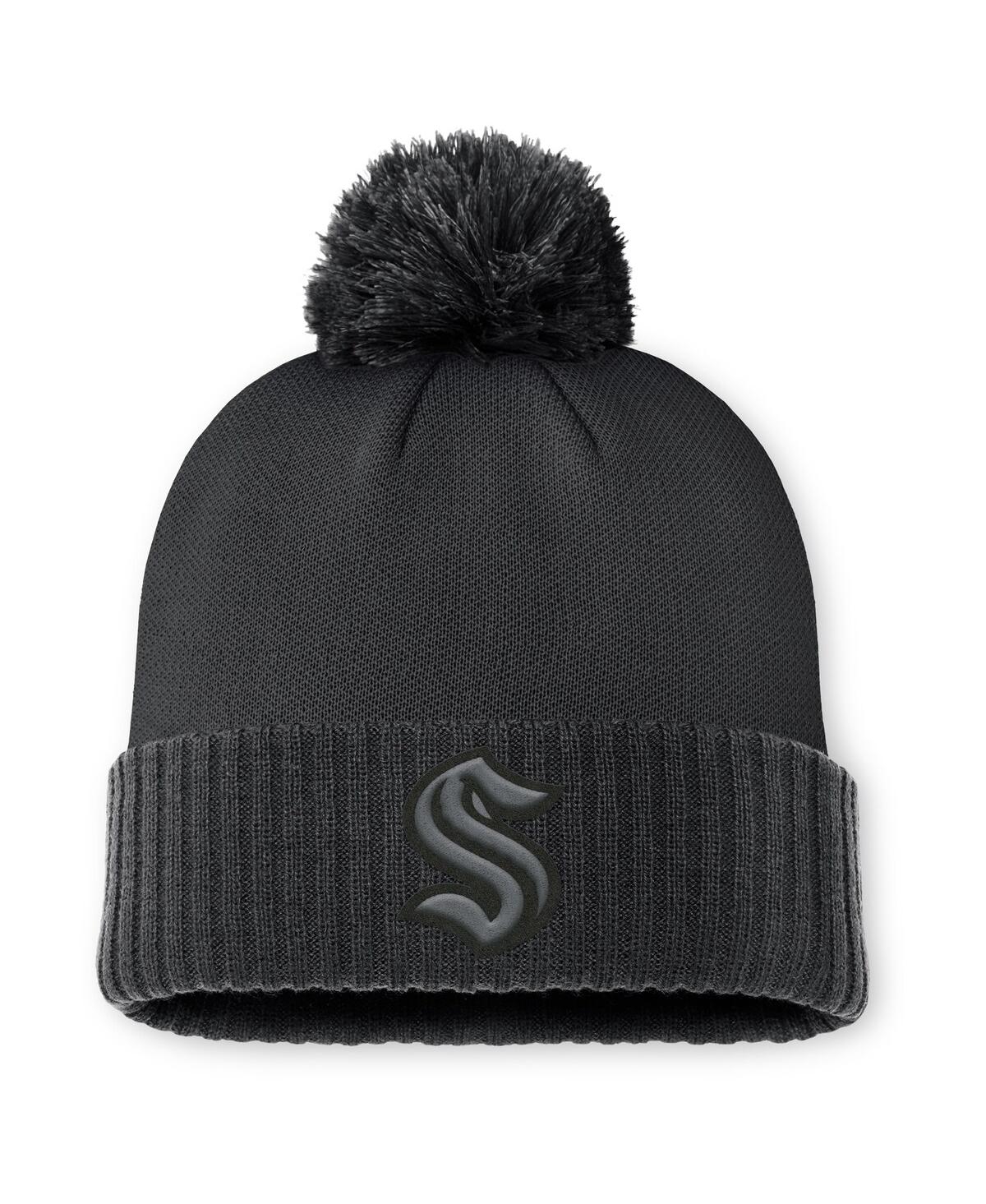 Fanatics Men's Black Seattle Kraken Authentic Pro Road Cuffed Knit Hat With Pom In Black