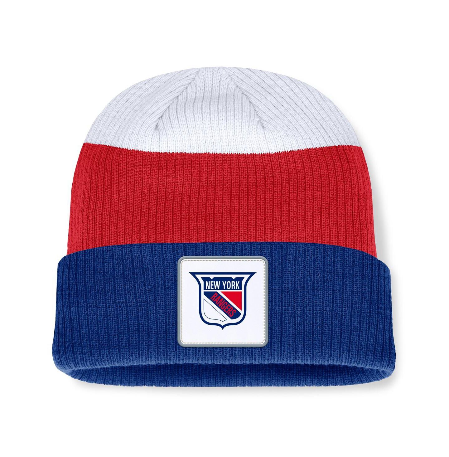 Мужская шапка Fanatics Blue/Red New York Rangers Heritage Showboat Color-Block Cuffed Knit Hat — фото 1