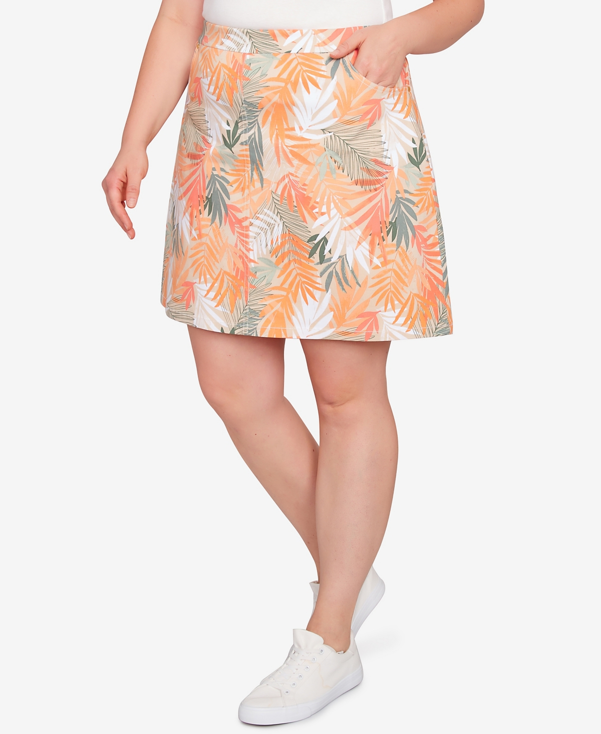 Hearts Of Palm Plus Size Spring Forward Printed Tech Stretch Pull On Skort In Taupe Multi