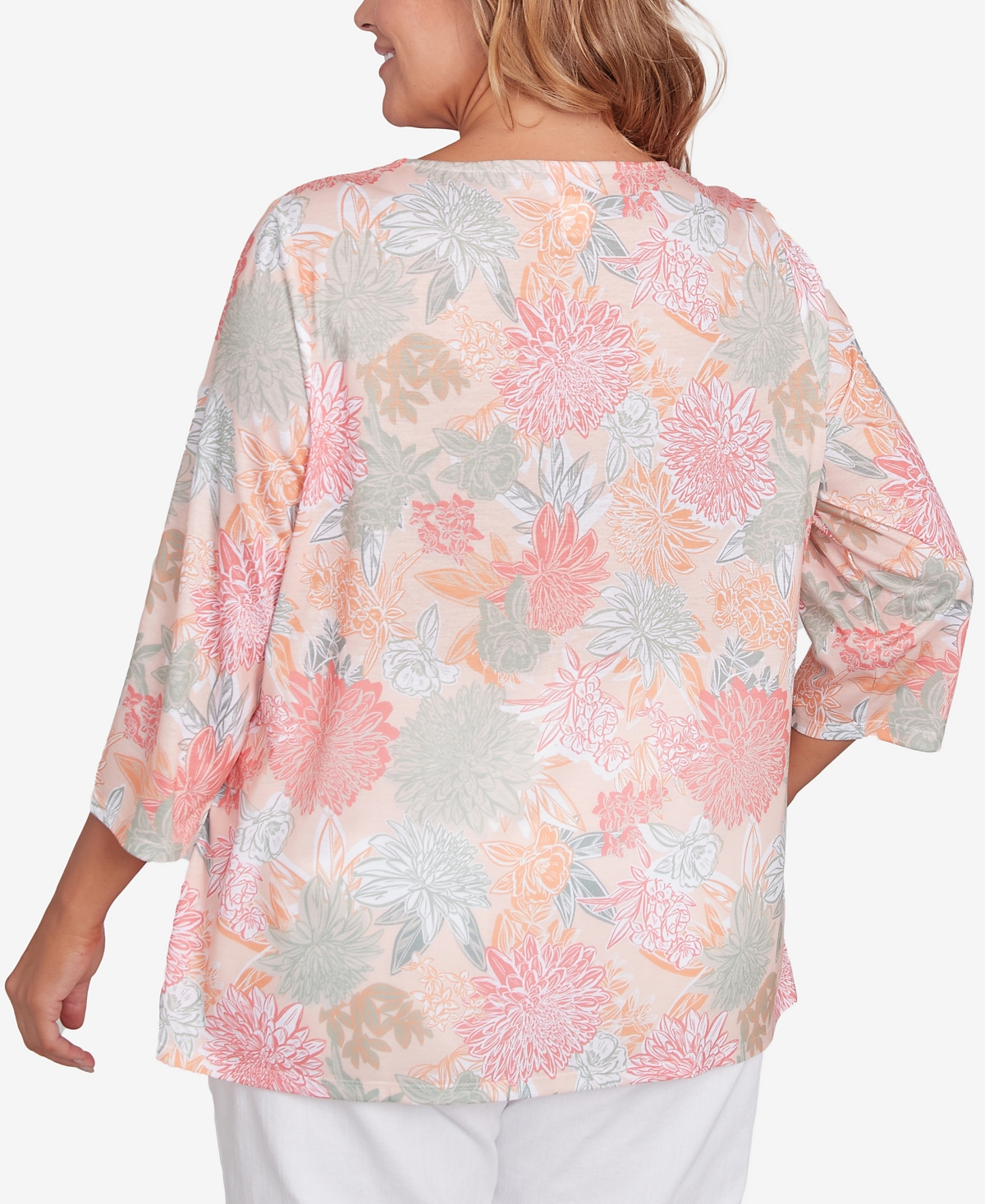 Hearts Of Palm Plus Size Spring Forward Tunic Ring Front 3/4 Sleeve Top In Orange Multi