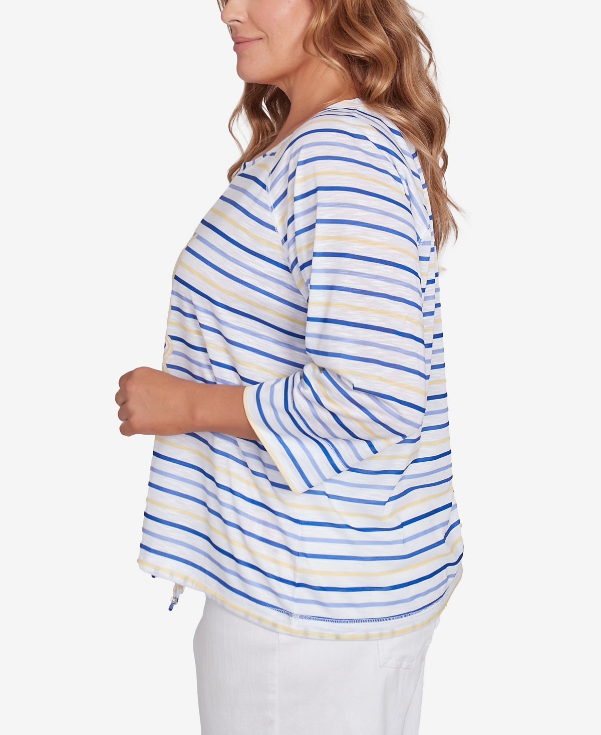 Hearts Of Palm Plus Size Making Waves Beach Scene Drawstring 3/4 Sleeve Top In Canary Multi