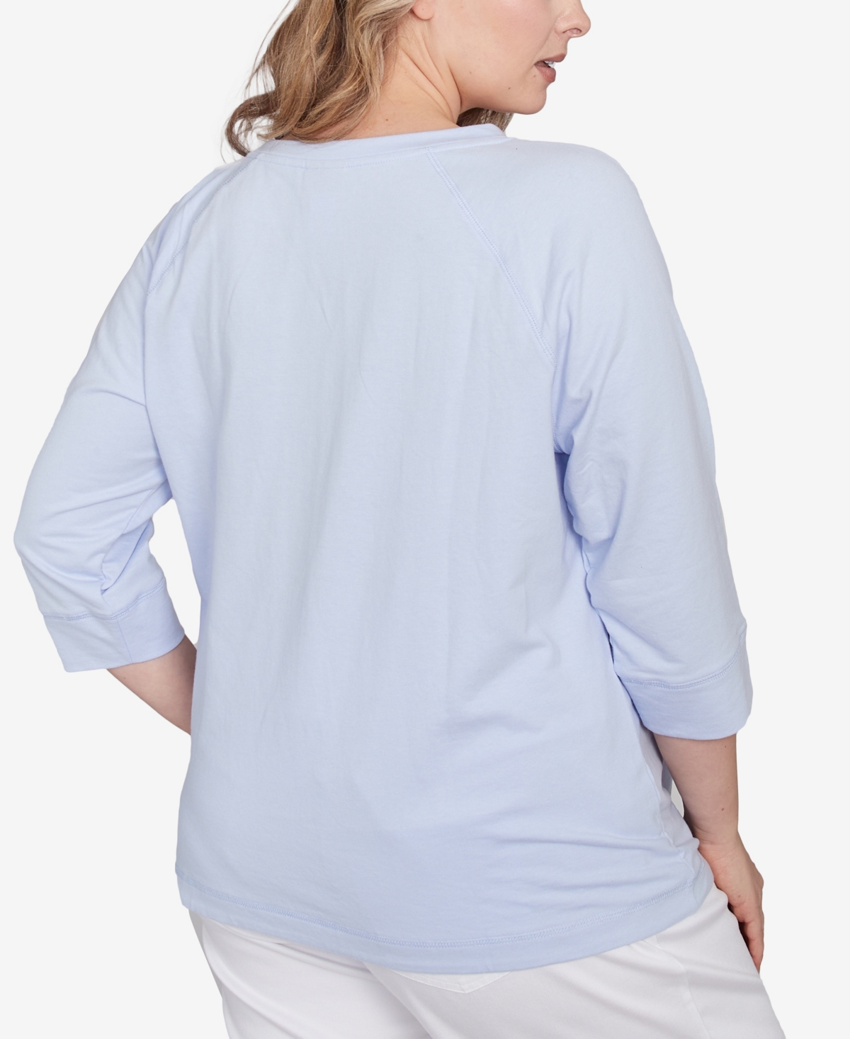 Hearts Of Palm Plus Size Making Waves Pineapple Printed 3/4 Sleeve Top In Light Blue Multi