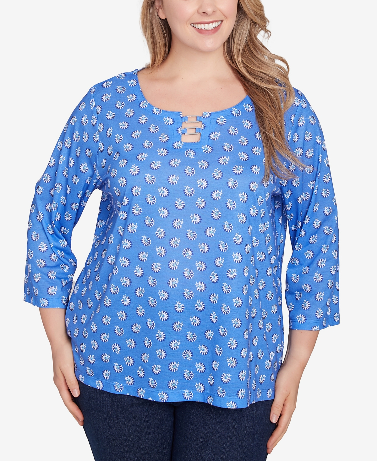 Plus Size Making Waves Printed Square Ring Front Top - Royal Multi