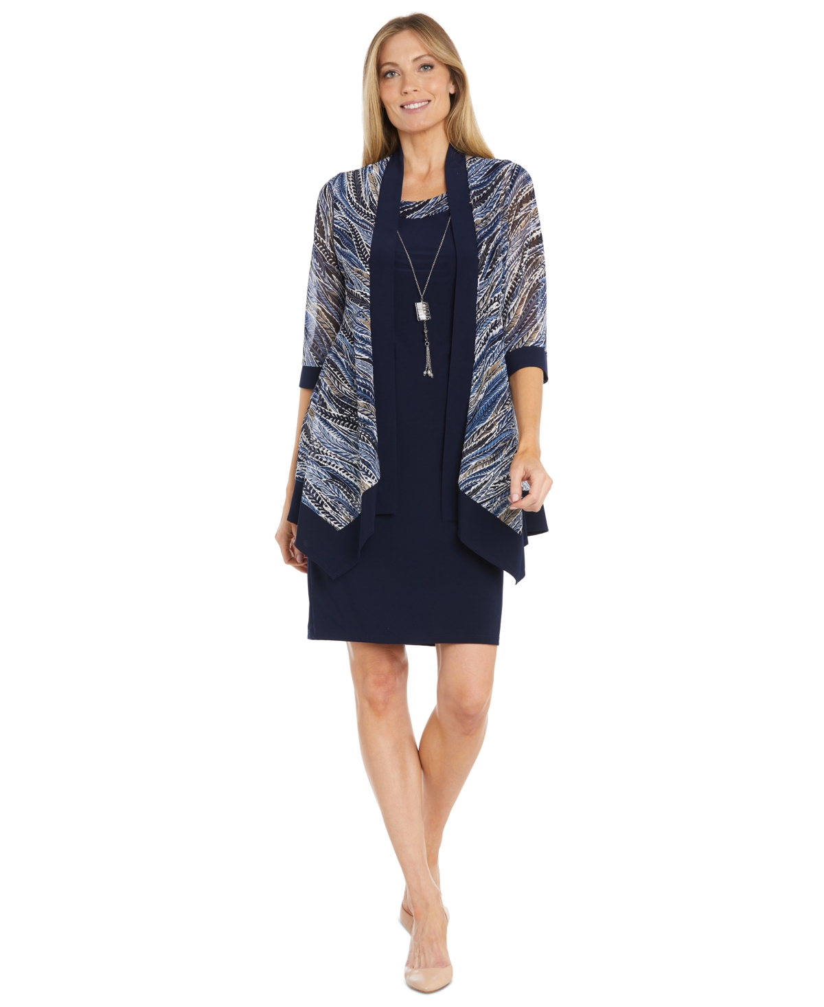 Women's 2-Pc. Chiffon Jacket & Sheath Dress - Navy/tan
