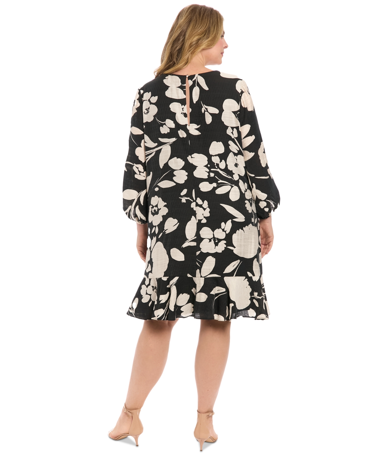 London Times Plus Size Floral-print Ruffled-hem Shift Dress In Black Ivory
