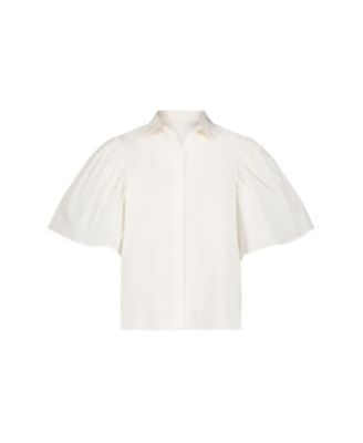 Women's Stretch Cotton Flare Ruffle Sleeve Button Up Top