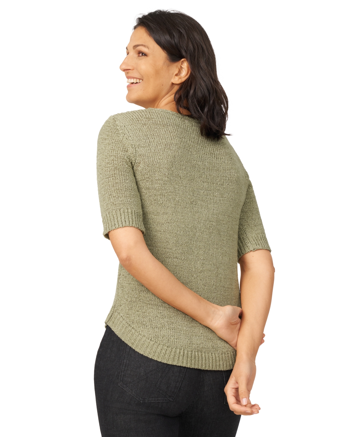 Melissa Paige Petite Elbow-sleeve Ribbed-yoke Sweater In Tea