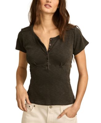 Lucky Brand - Women's Cotton Crochet-Trim Short-Sleeve Henley Top