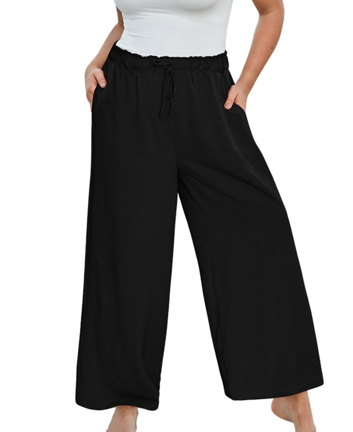 Plus Size Summer Lovin Drawstring Wide Leg Pants - Black