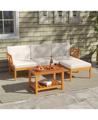 5 PCS Acacia Wood Patio Furniture Set w/ 2-Tier Coffee Table and Cushions