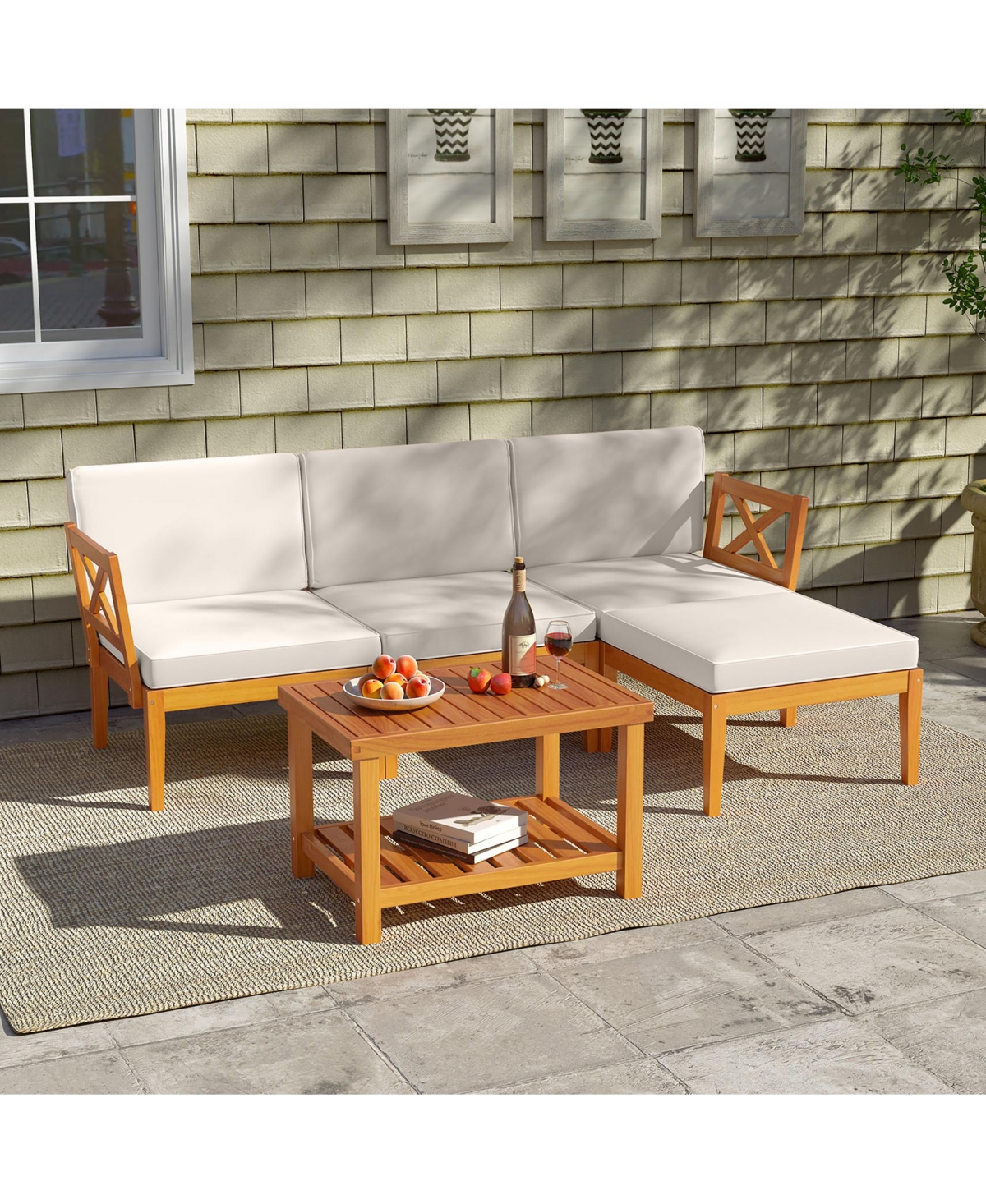 Gymax 5 Pcs Acacia Wood Patio Furniture Set w/ 2-Tier Coffee Table and Cushions