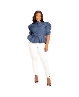 Women's Plus Size Ruched Sleeve Denim Peplum Blouse
