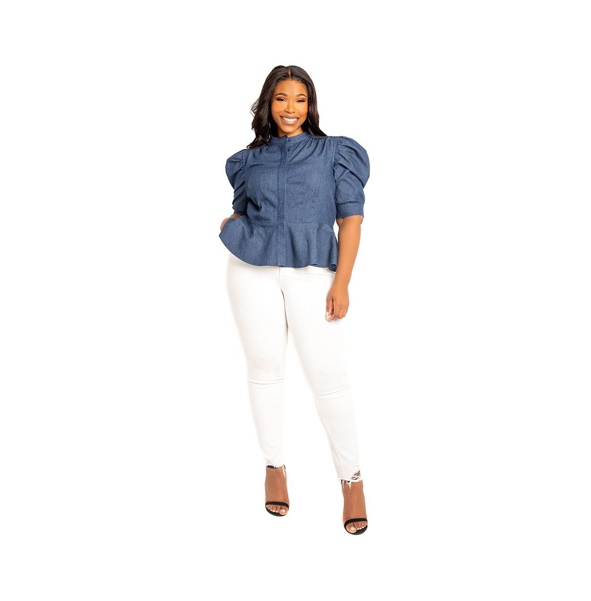 Shop Buxom Couture Women's Plus Size Ruched Sleeve Denim Peplum Blouse In Denim Blue