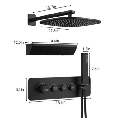 12 Inch Wall Mounted Thermostatic Shower System with Handheld Sprayer Rainfall Shower System with Neck/Back Massage Spout Shampoo Shelf