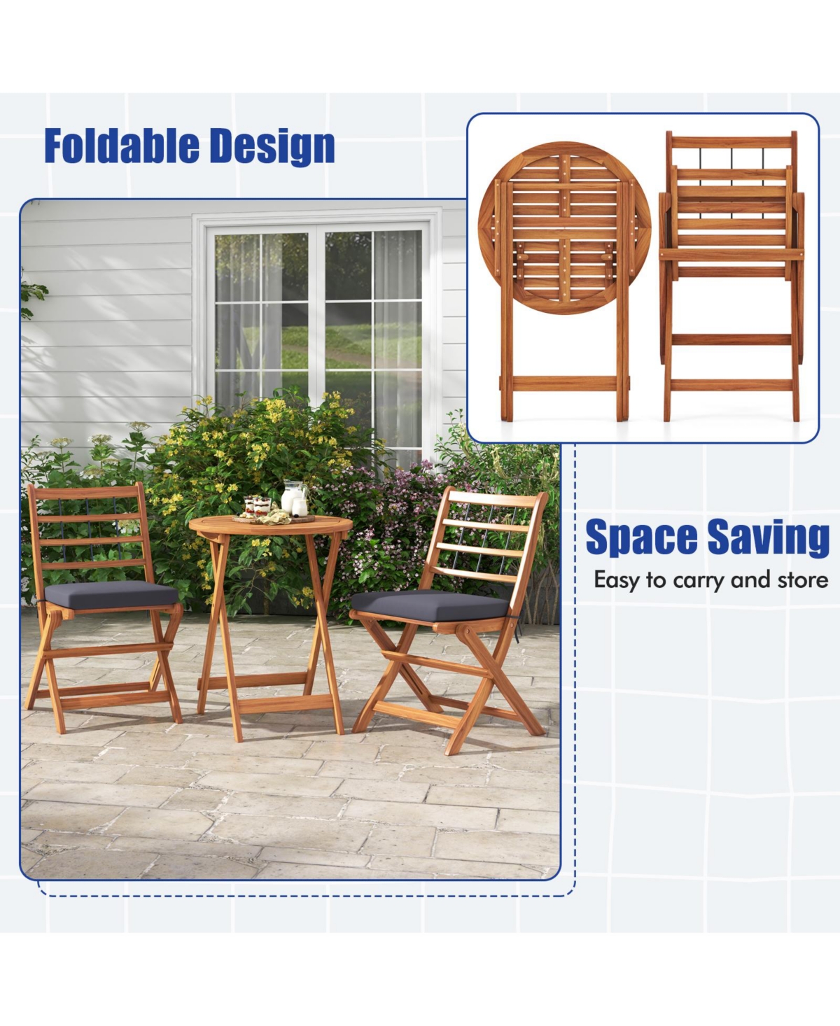 3 Pieces Acacia Wood Patio Bistro Set with Cushions