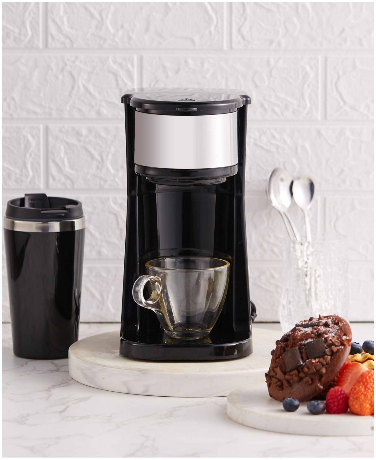 Elite Cuisine Personal Coffee Maker With Stainless Steel Interior Travel Mug In Black