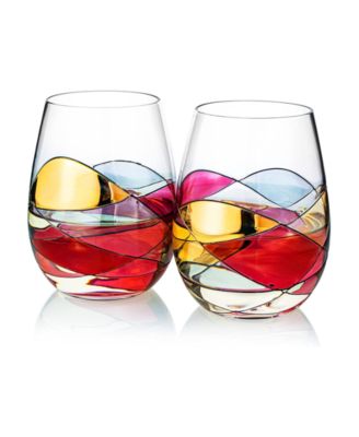 Artisanal Hand Painted Stemless Wine Glasses, Set of 2