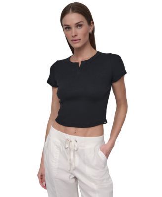 DKNY - Women's Ribbed Notched-Neck Cropped T-Shirt