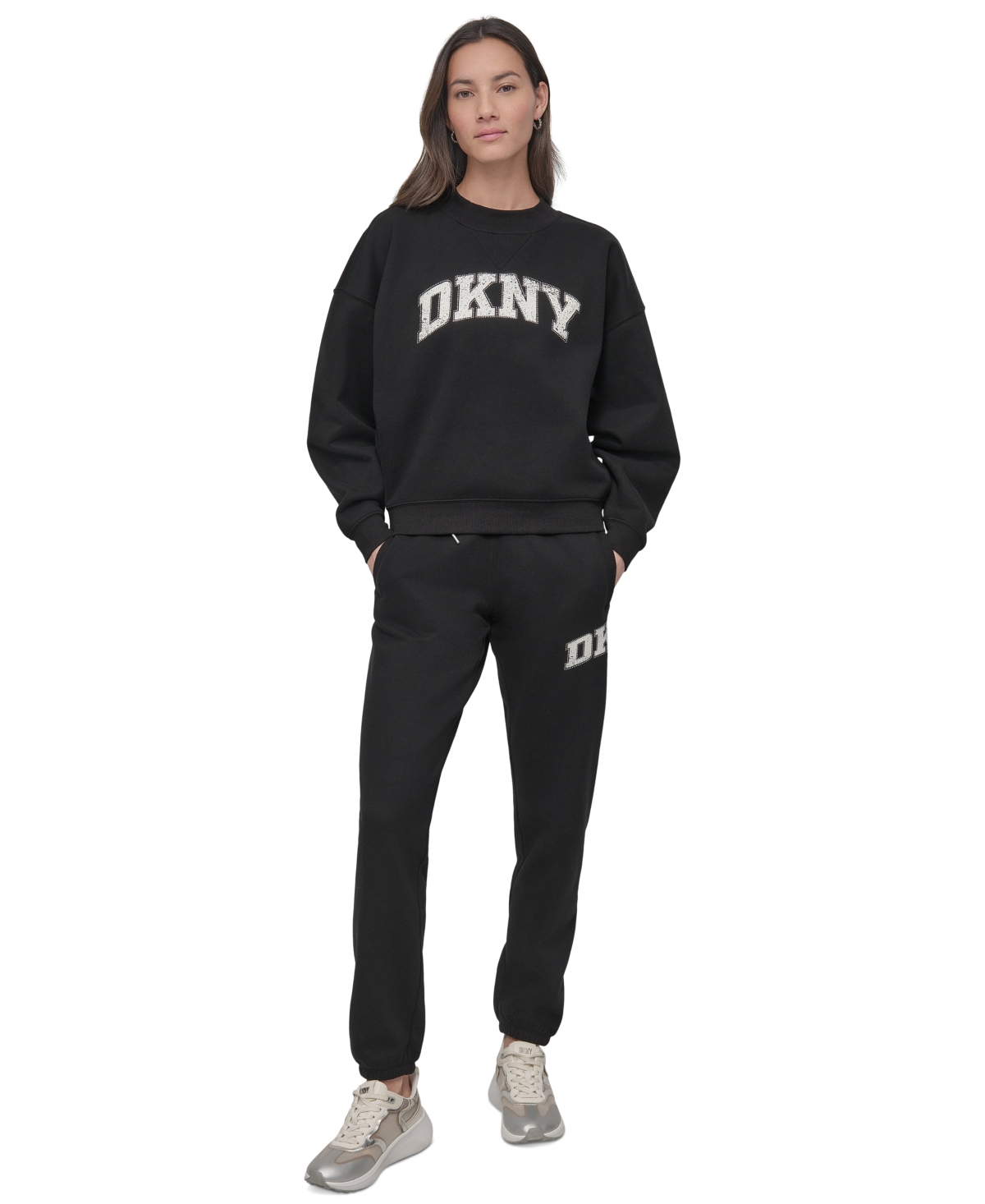 Dkny Sport Women's Rhinestone Logo Crewneck Top In Black