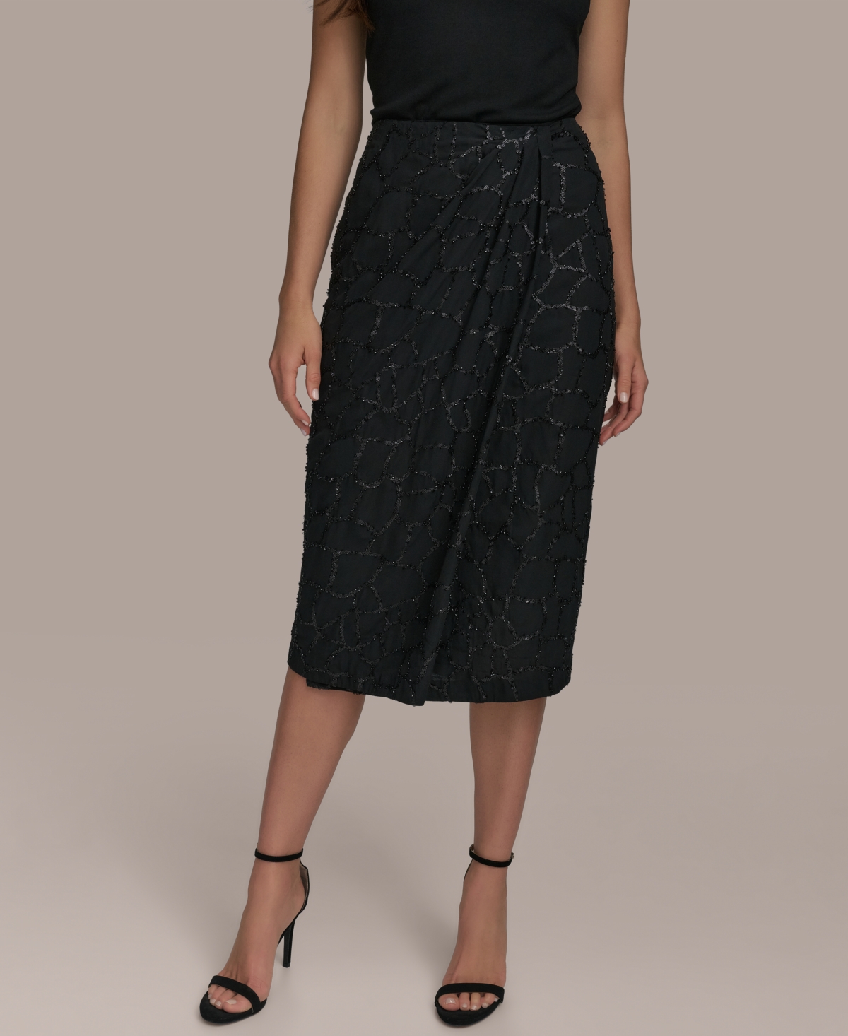 Women's Sequin Faux-Wrap Pencil Skirt - Black