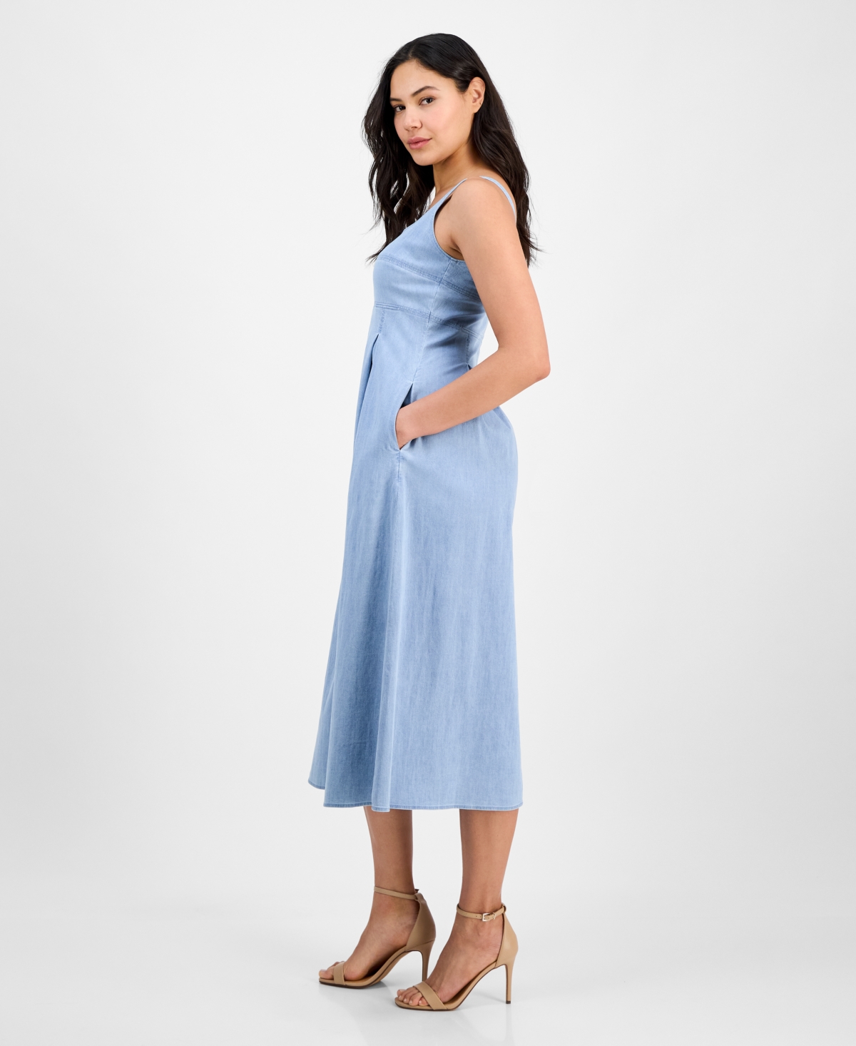 Shop Anne Klein Women's Front-pleated Square-neck Midi Dress In Pale Wash