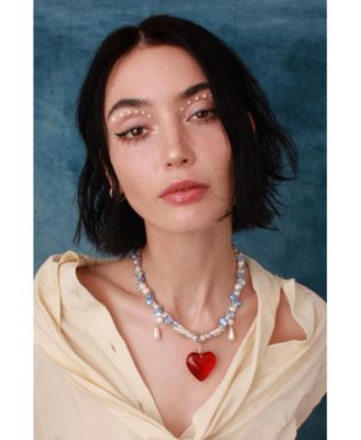 White and Blue Pearl Necklace with Acrylic Red Heart Charm 16"