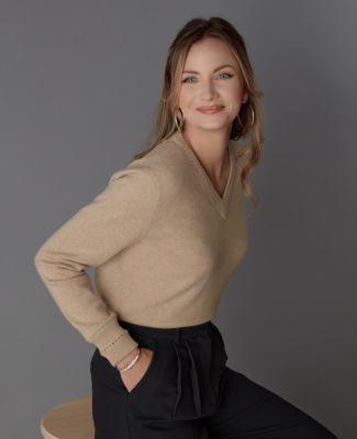 Women's Itch-Free Cashmere V-Neck Sweater with Soft Liner