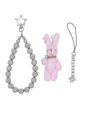 Steel Beads Phone Strap With Pink Rabbit Toy Necklace