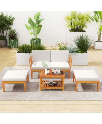 5 Pieces Acacia Wood Patio Chaise Lounge Chair Set with Ottoman and Cushions