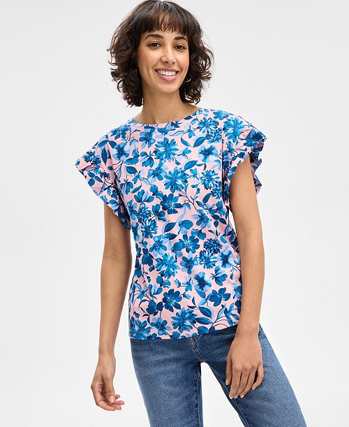 alfani Nautica Jeans Women's Floral-Print Ruffle-Sleeve Top Women's Fashion Shoes & Accessories