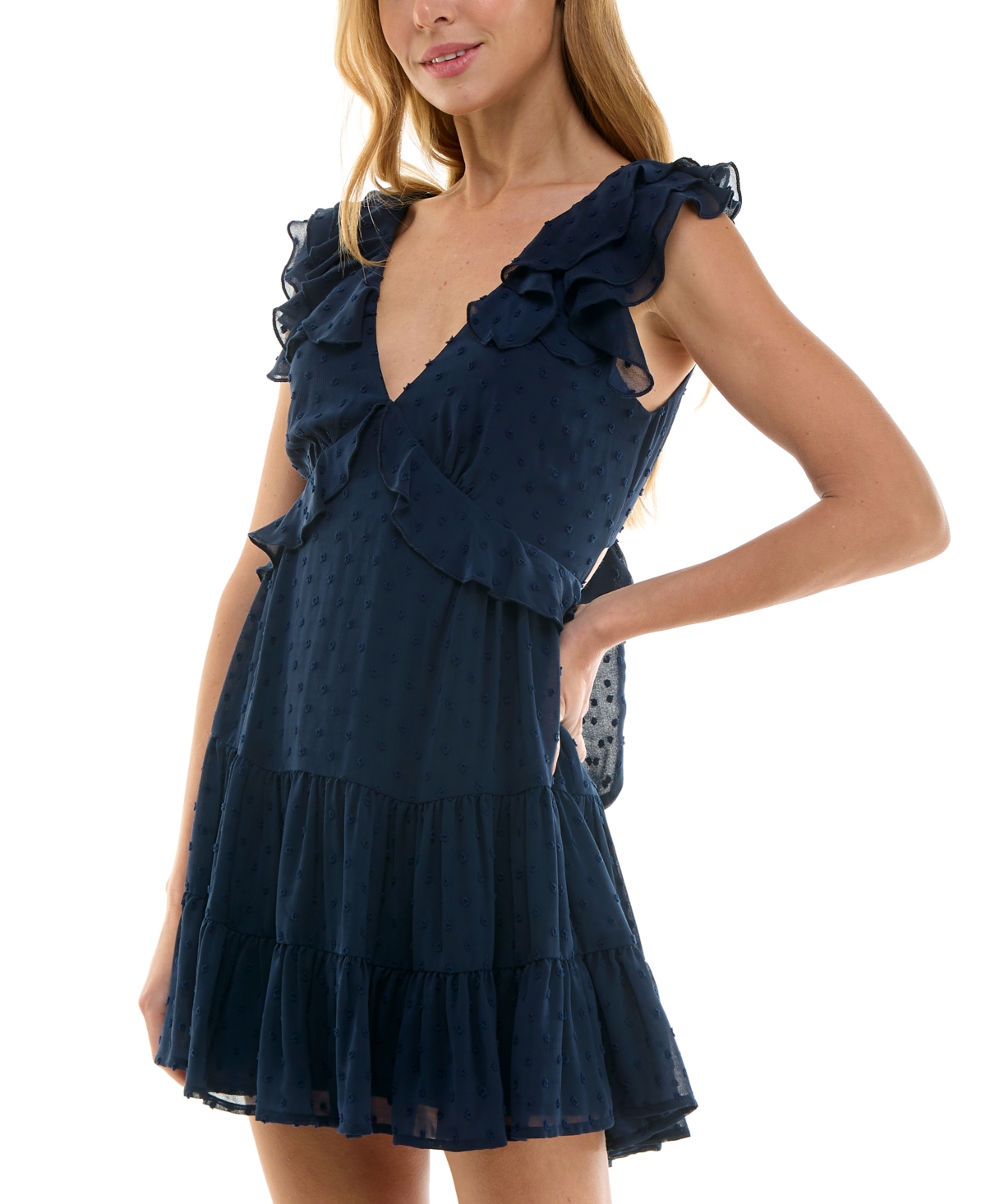 Trixxi Juniors' Clip-dot Ruffled V-neck Tiered Dress In Navy