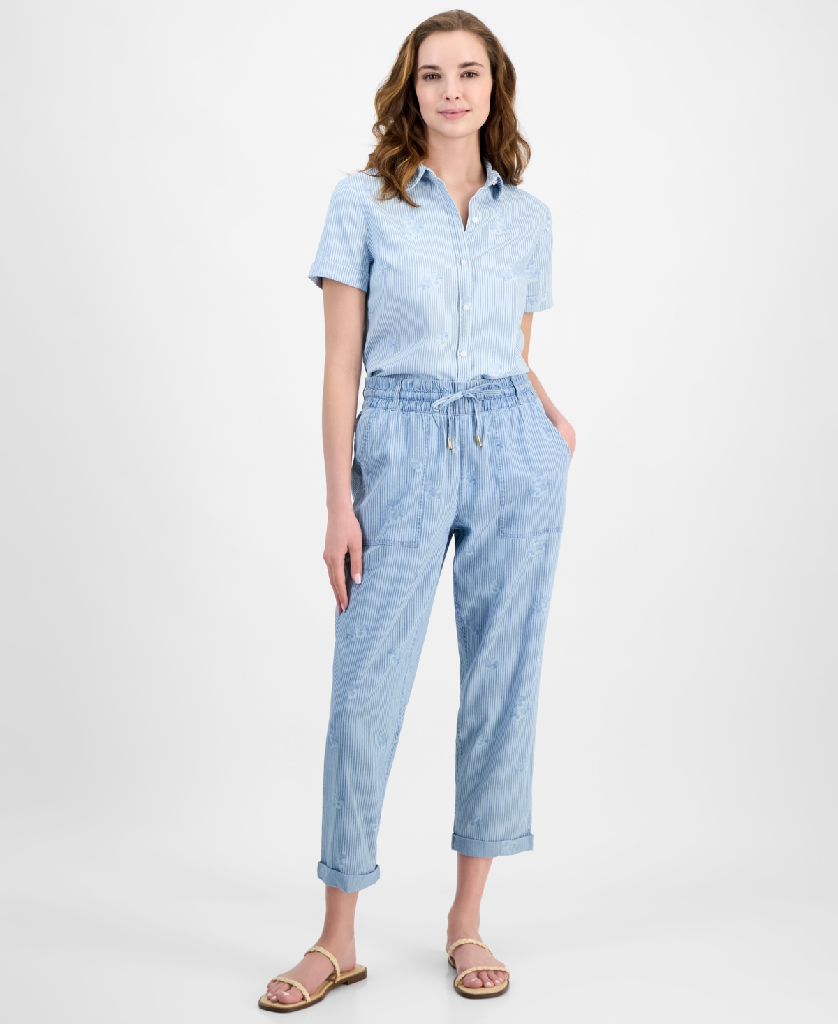 Women's Striped Floral Jogger Pants - Lt Azure