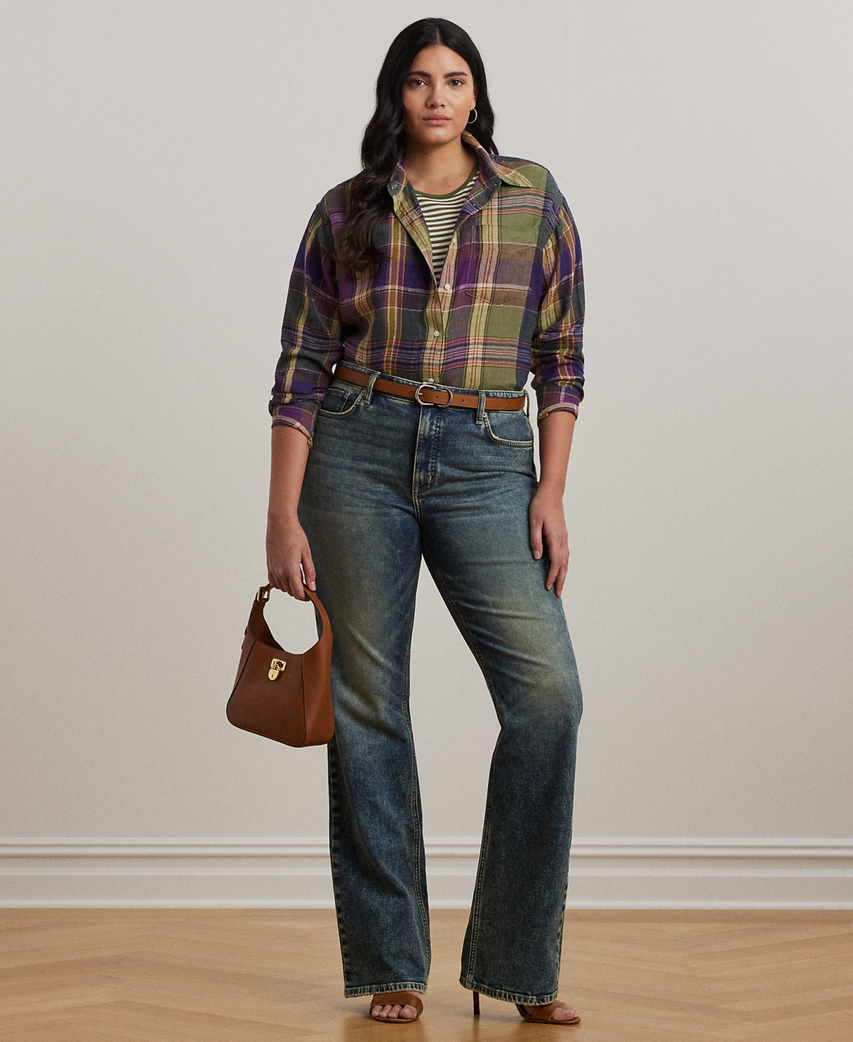 Ralph Lauren Plus Size Relaxed-fit Plaid Linen Shirt In Purple,green Multi
