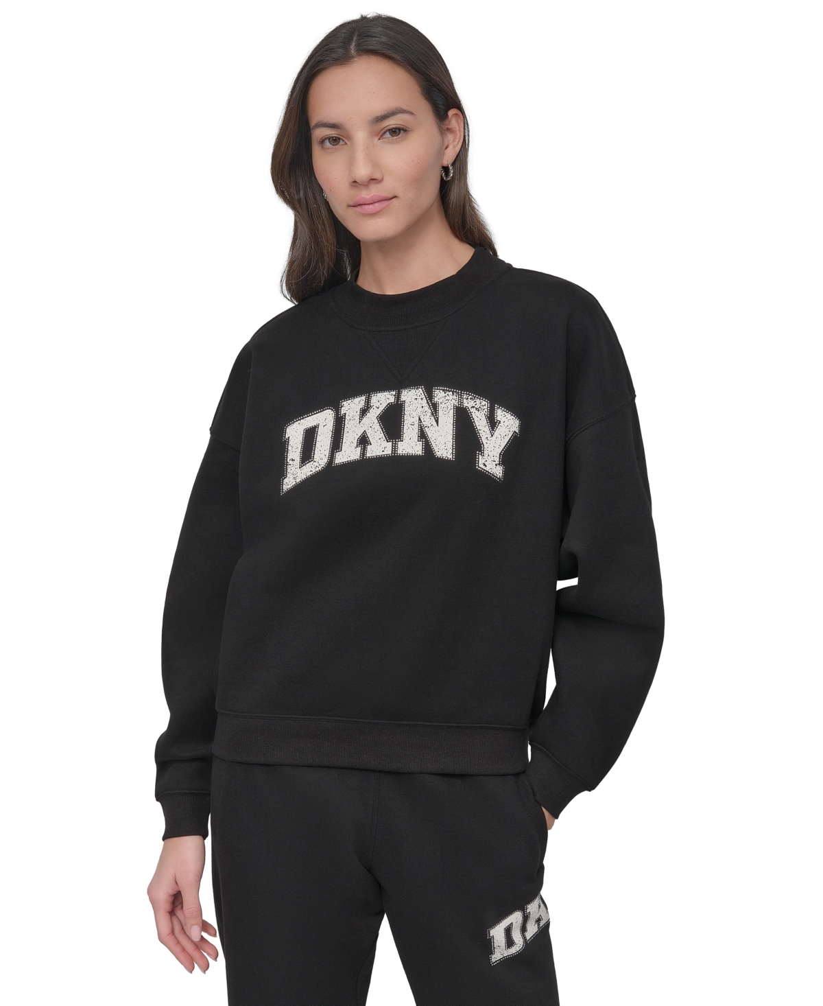 Dkny Sport Women's Rhinestone Logo Crewneck Top In Black