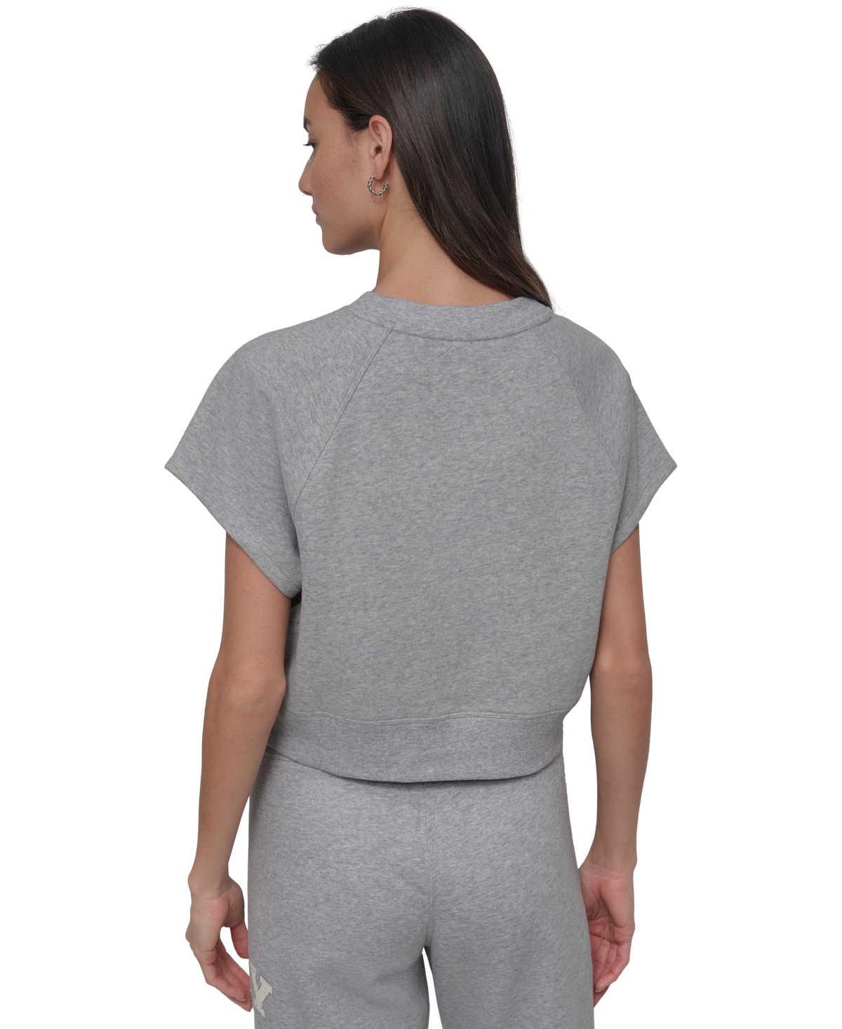 Shop Dkny Sport Women's Rhinestone Logo Cropped Pullover Top In Pearl Grey Heather,eggnog