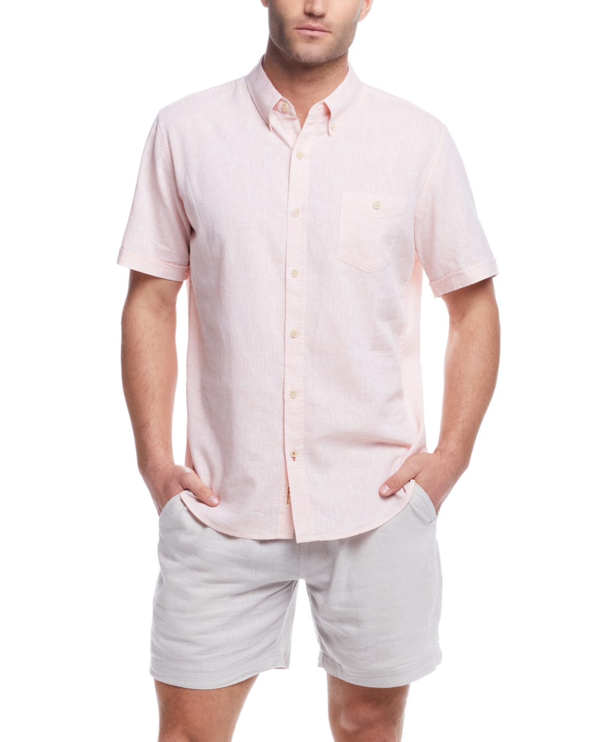 Men's Short Sleeve Solid Linen Cotton Shirt - Tangerine